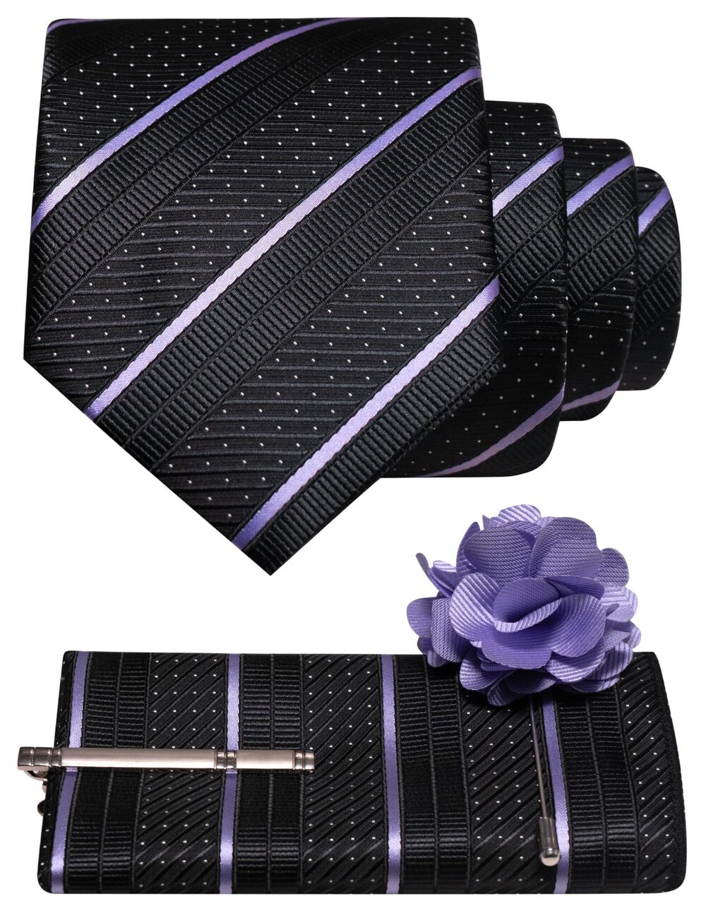 1862 Lavender Striped Tie and Lapel Pin Necktie Pocket Square with Tie Clip